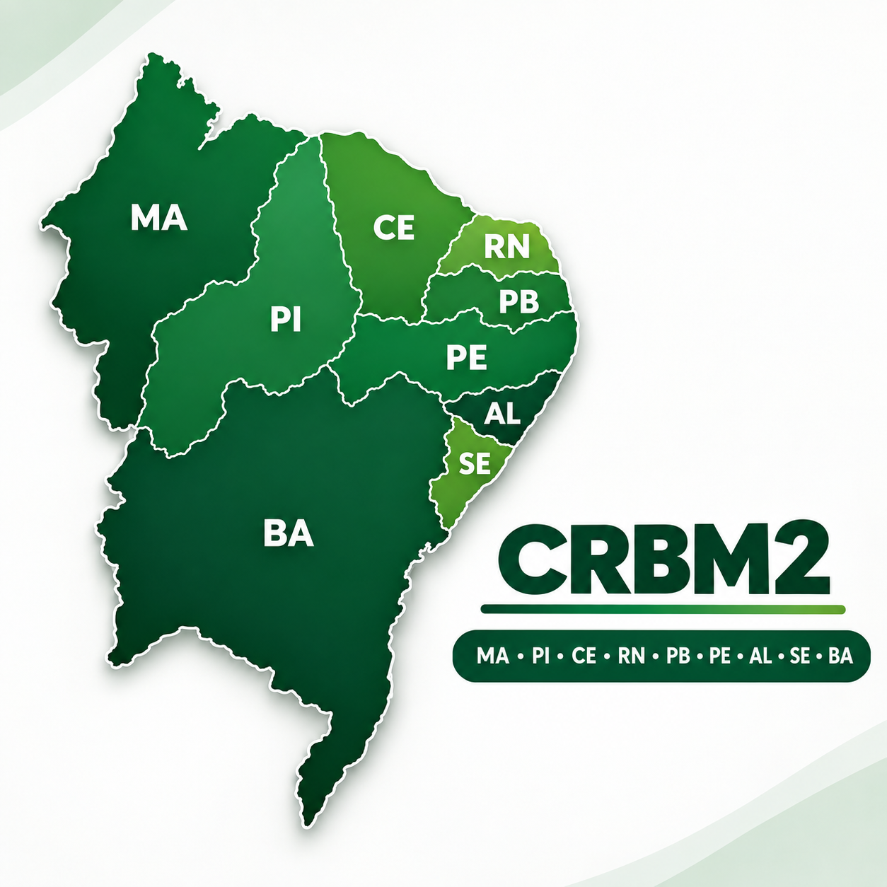 Mapa da jurisdição do CRBM2, abrangendo os estados de Alagoas, Bahia, Ceará, Maranhão, Paraíba, Pernambuco, Piauí, Rio Grande do Norte e Sergipe.