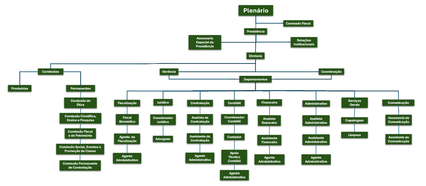 Organograma do CRBM2: Presidente, Vice-Presidente, Comissões (permanentes e provisória), 1º e 2º Secretários, 1º e 2º Tesoureiros, Administrativo e Fiscalização.