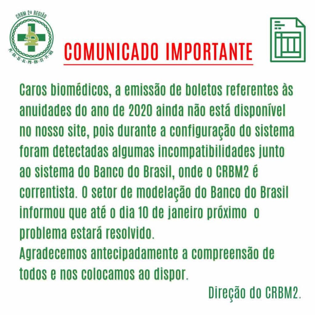 CRBM2 - Comunicado sobre os boletos da anuidade 2020