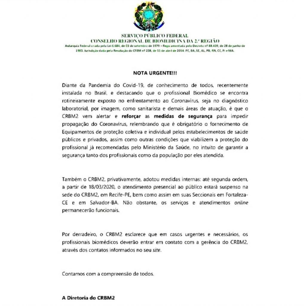 Nota Urgente sobre o Atendimento do CRBM2