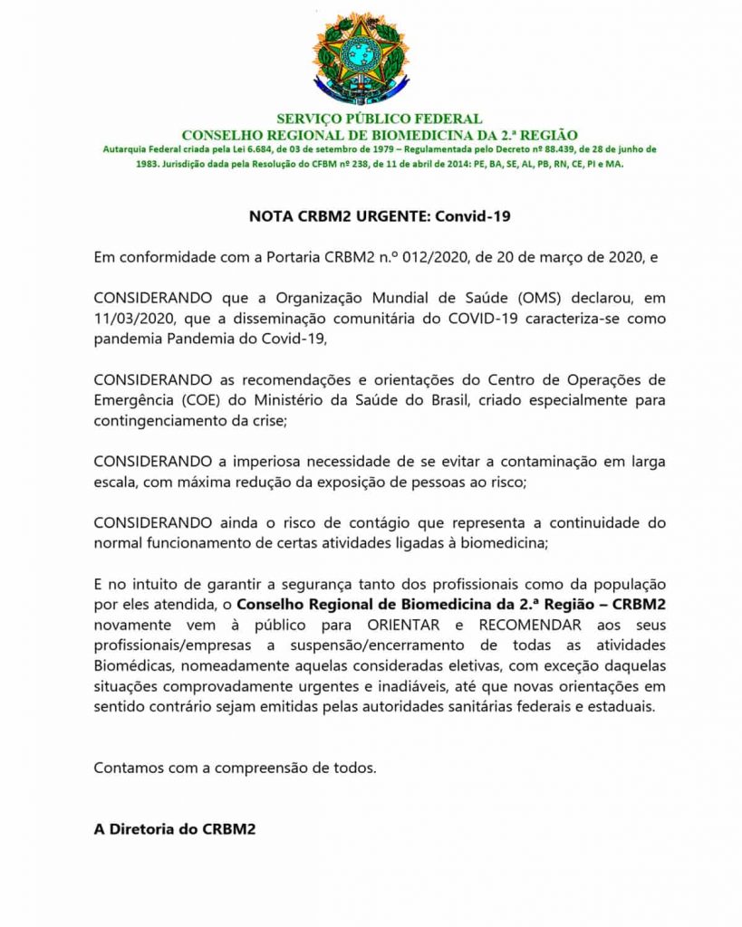 Nota CRBM2 Urgente: Convid-19