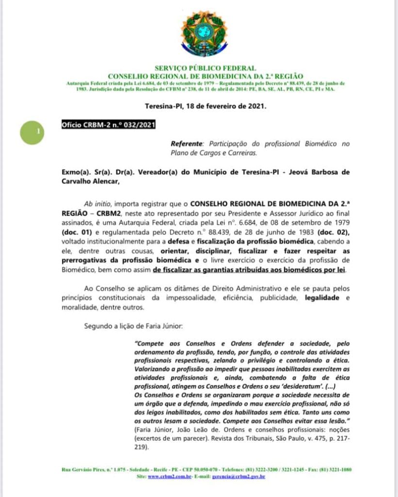CRBM2 encaminha ofício aos vereadores de Teresina pedindo inclusão dos biomédicos no Plano de Cargos e Carreiras do Município