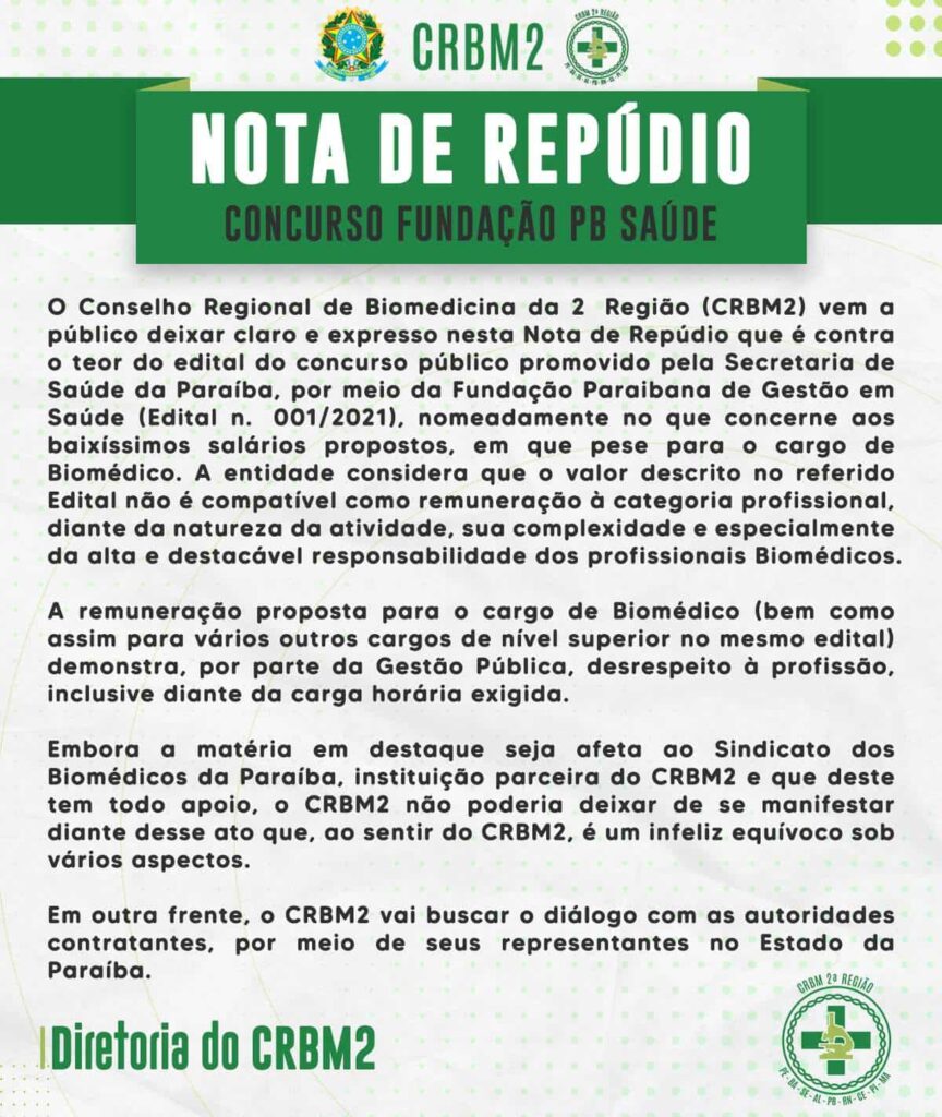 Nota de Repúdio - Concurso Fundação Pb Saúde